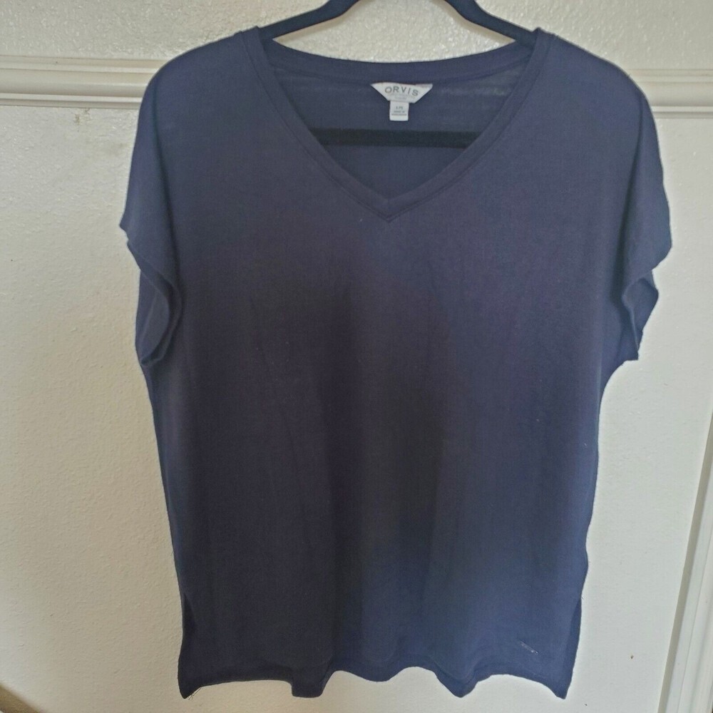 Orvis Classic Collection Womens Shirt Blouse L Black Cap Sleeve V Neck Hi Low